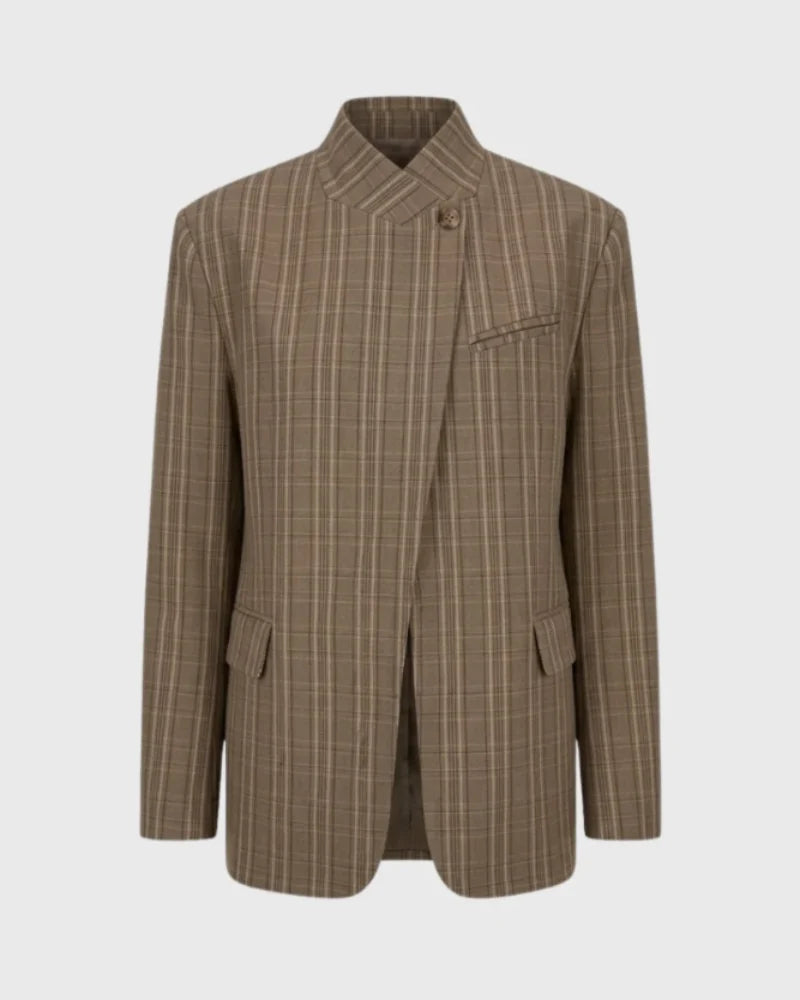 Riley | Plaid Oversized Blazer with High Collar and Asymmetrical Elegant Closure