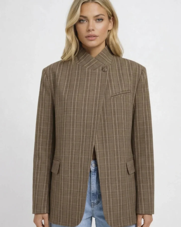 Riley | Plaid Oversized Blazer with High Collar and Asymmetrical Elegant Closure