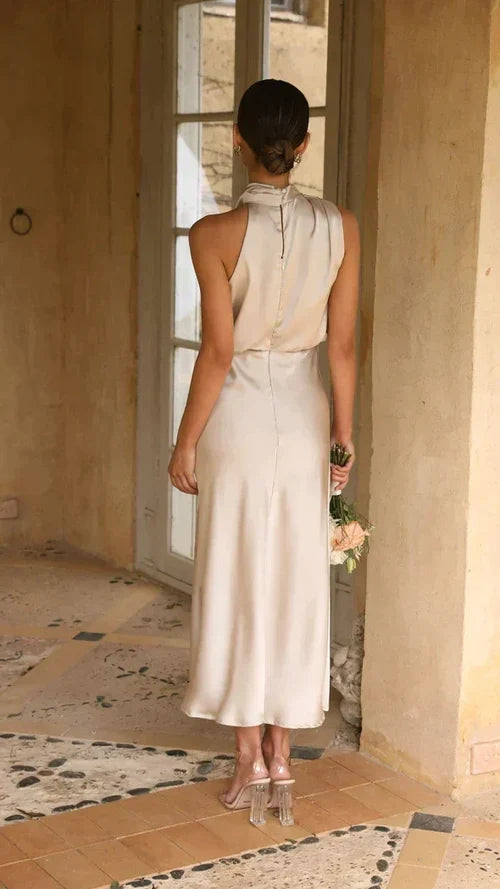 Vestido De Satén Midi Con Cuello Halter Para Mujer – Estilo Drapeado Para Invitadas De Boda Y Noches Elegantes
