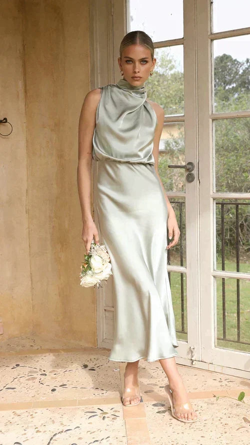 Vestido De Satén Midi Con Cuello Halter Para Mujer – Estilo Drapeado Para Invitadas De Boda Y Noches Elegantes