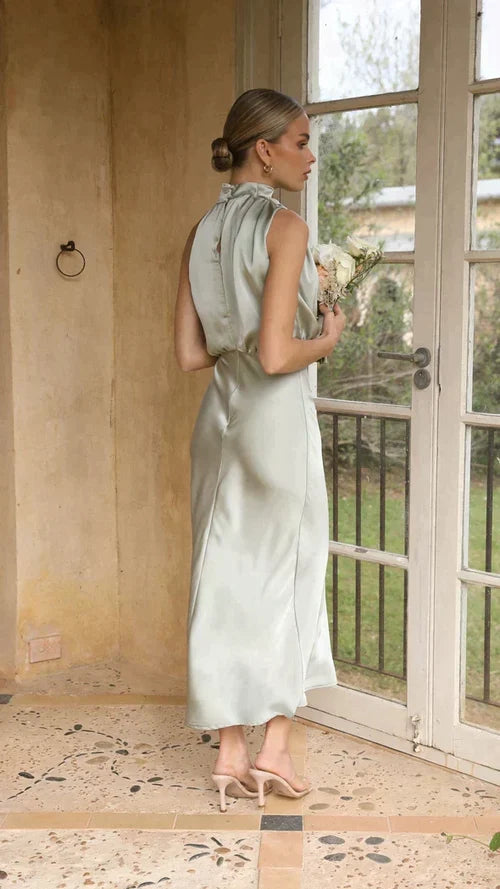 Vestido De Satén Midi Con Cuello Halter Para Mujer – Estilo Drapeado Para Invitadas De Boda Y Noches Elegantes