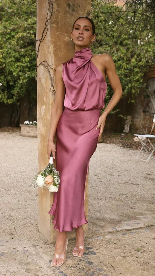 Vestido De Satén Midi Con Cuello Halter Para Mujer – Estilo Drapeado Para Invitadas De Boda Y Noches Elegantes