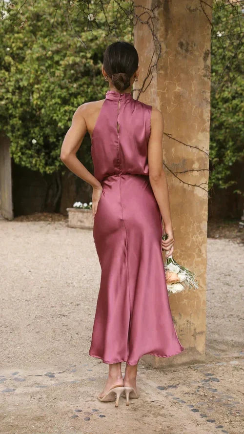 Vestido De Satén Midi Con Cuello Halter Para Mujer – Estilo Drapeado Para Invitadas De Boda Y Noches Elegantes