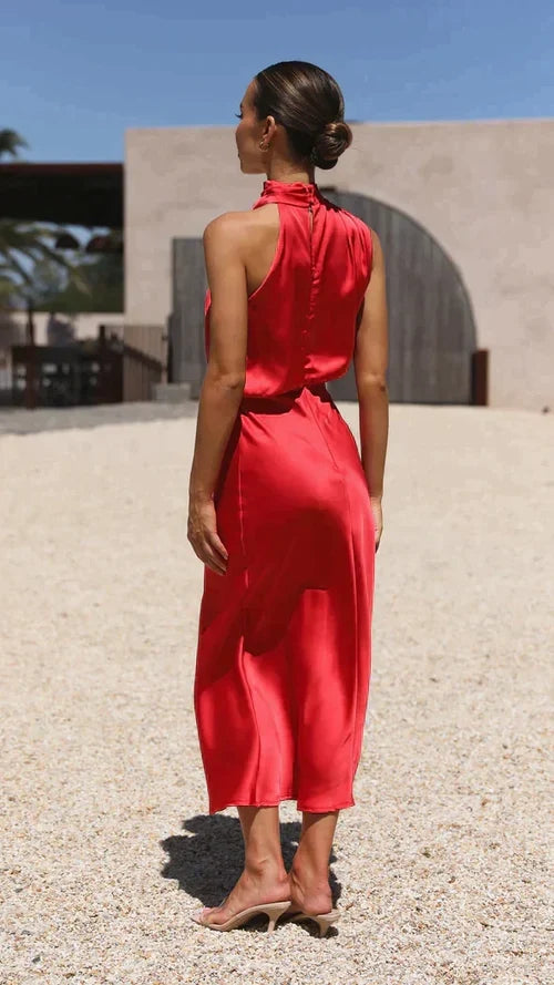 Vestido De Satén Midi Con Cuello Halter Para Mujer – Estilo Drapeado Para Invitadas De Boda Y Noches Elegantes