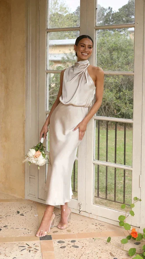 Vestido De Satén Midi Con Cuello Halter Para Mujer – Estilo Drapeado Para Invitadas De Boda Y Noches Elegantes