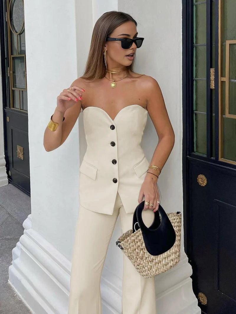 Stylish Strapless Vest and Wide-Leg Pants Set