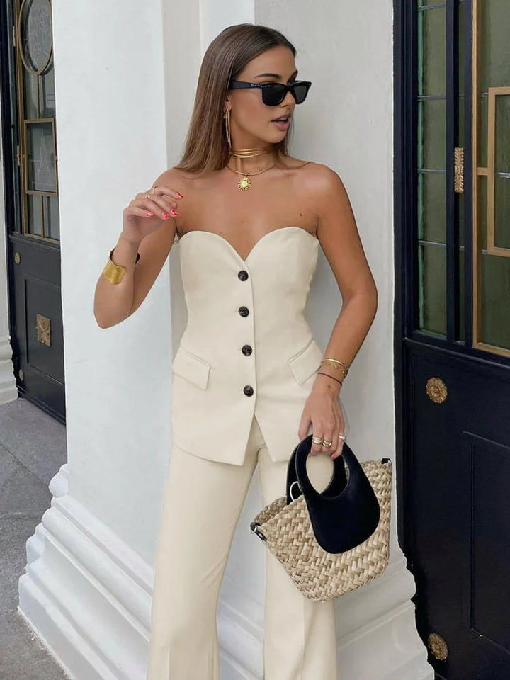 Stylish Strapless Vest and Wide-Leg Pants Set