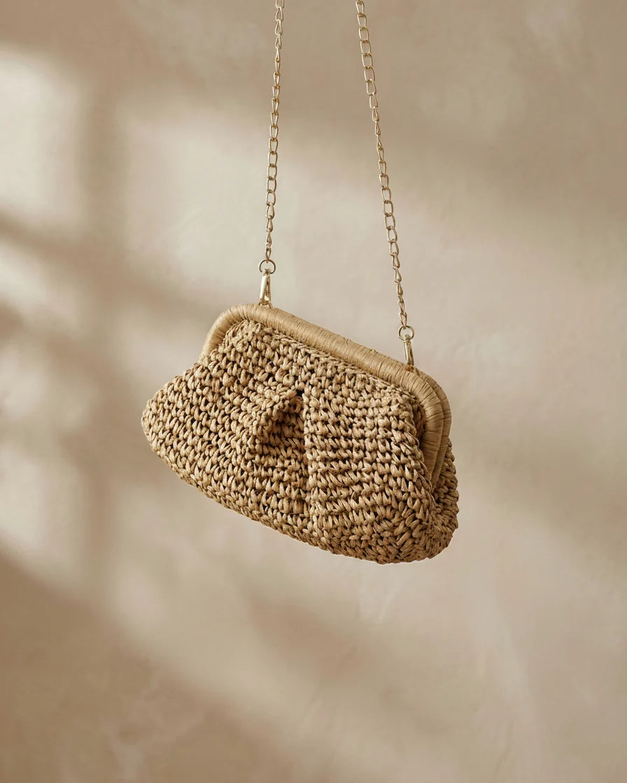 Bolso Cruzado De Paja Tejido A Mano Con Correa De Cadena