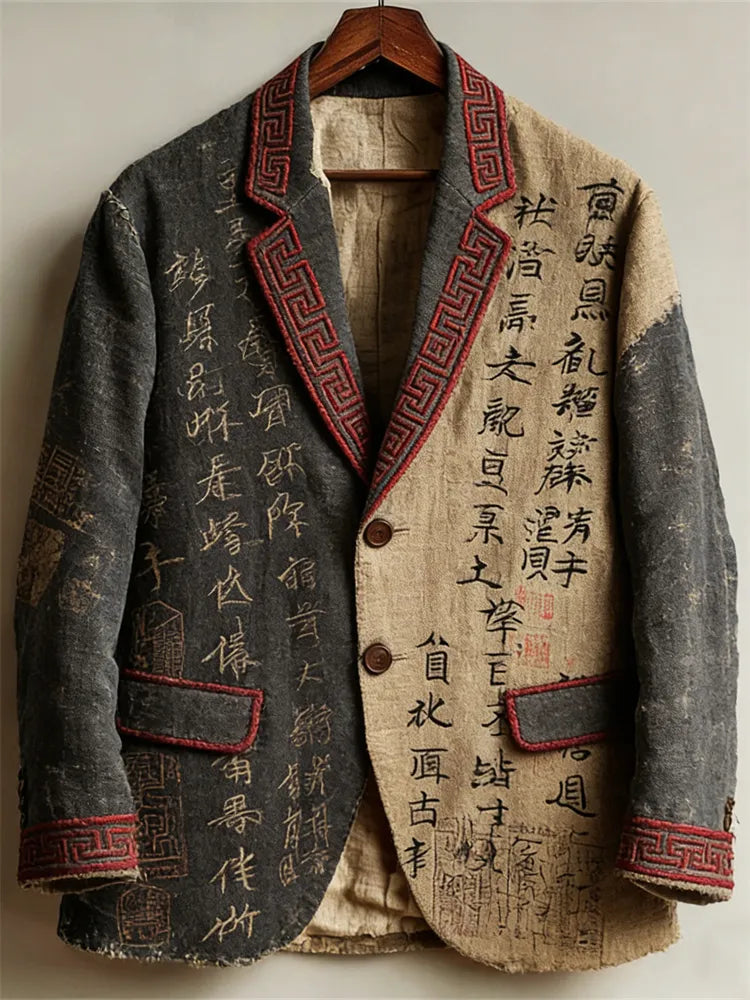 Blazer de Linho Vintage com Caligrafia Japonesa - Contraste