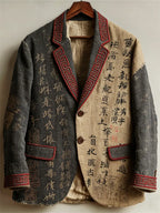Blazer de lino vintage con caligrafía japonesa - contraste