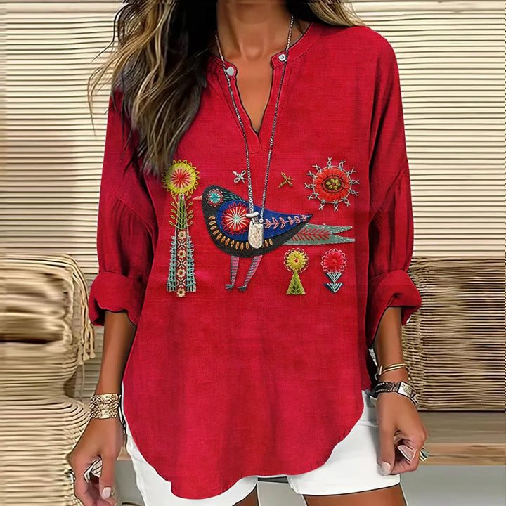 T-shirt com Decote em V e Bordado Floral e Pássaros