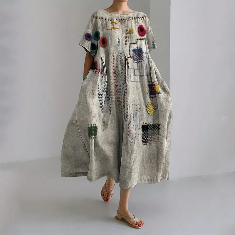 Vestido maxi de mezcla de lino con bordado colorido japonés sashiko