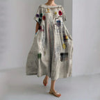 Vestido maxi de mezcla de lino con bordado colorido japonés sashiko