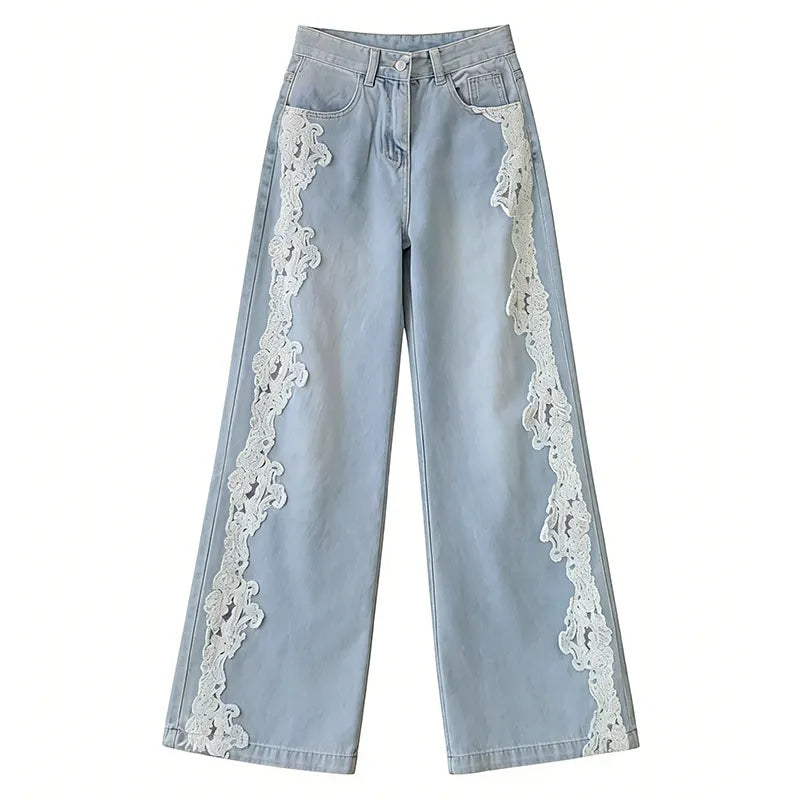 Vaqueros Vintage Bohemios De Mezclilla Lavada Con Paneles De Encaje Y Efecto Desgastado