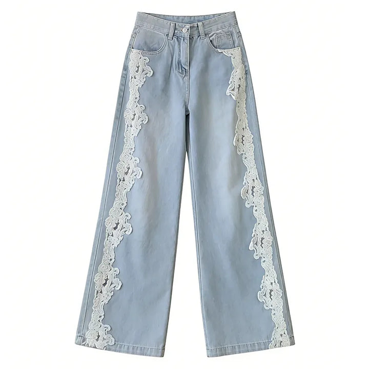 Vaqueros Vintage Bohemios De Mezclilla Lavada Con Paneles De Encaje Y Efecto Desgastado