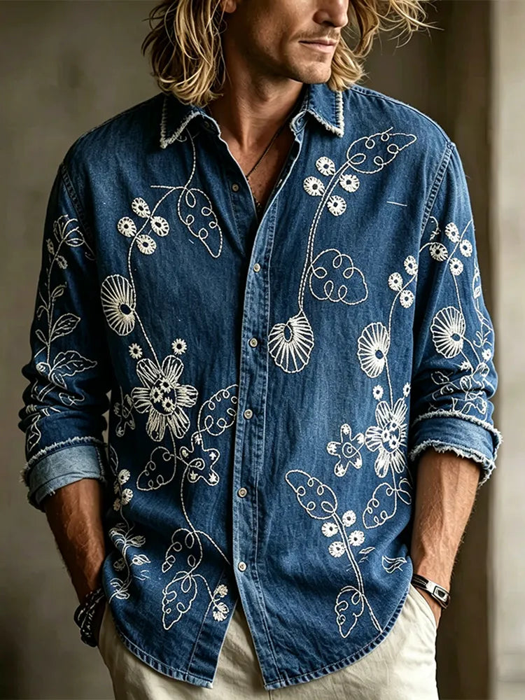 Camisa Casual De Lino Para Hombre Con Bordado Retro De Flores Y Plantas