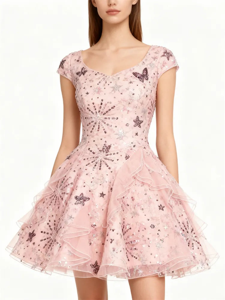 VESTIDO MINI DE BRUJA BUENA CON MARIPOSAS y ESTRELLAS BRILLANTES
