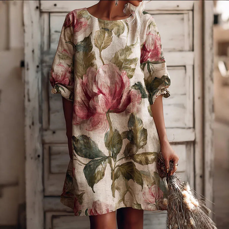 Vestido Midi Retro de Algodão e Linho com Padrão Boémio de Plantas e Flores