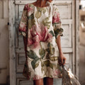 VESTIDO MIDI RETRO DE ALGODÓN y LINO CON ESTAMPADO BOHO DE PLANTAS y FLORES