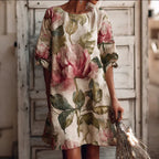 VESTIDO MIDI RETRO DE ALGODÓN y LINO CON ESTAMPADO BOHO DE PLANTAS y FLORES