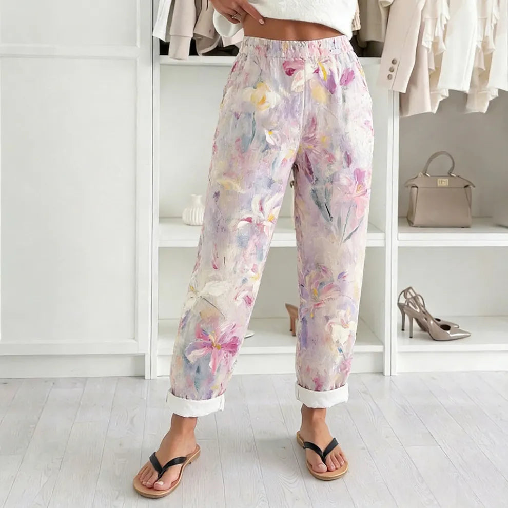 PANTALONES CÓMODOS DE LINO VINTAGE CON ESTAMPADO DE FLORES DE LIRIO