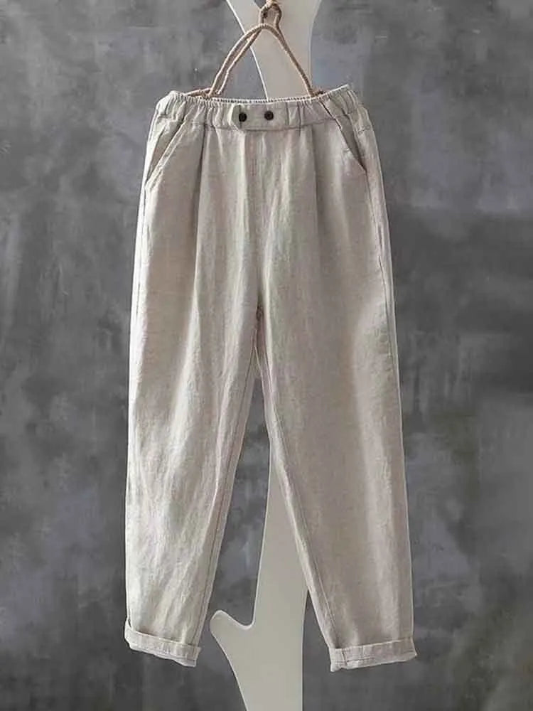 Pantalones Casuales Sencillos De Lino Con Cintura Elástica Para Mujer