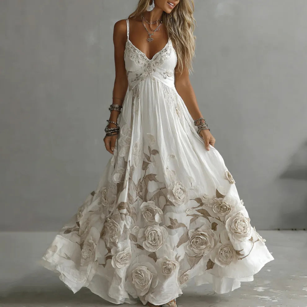 Vestido maxi con tirantes y bordado artístico de rosa vintage para mujer