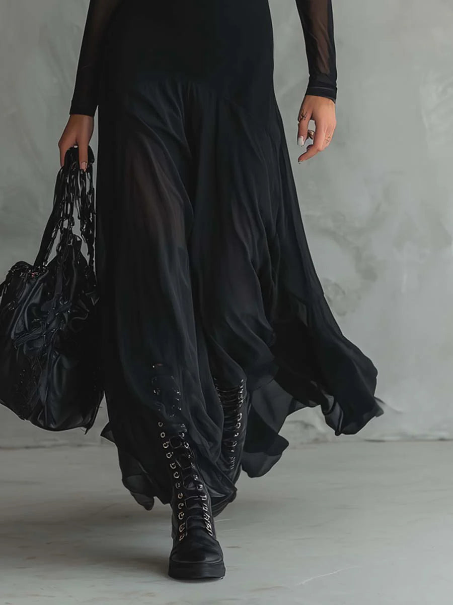 NINA - VESTIDO MAXI NEGRO DE TUL DE CORTE SUELTO