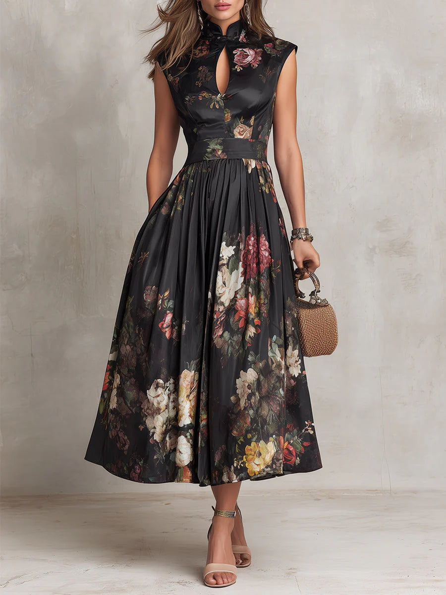 Violeta - Vestido midi negro de satén plisado con estampado floral y escote en V