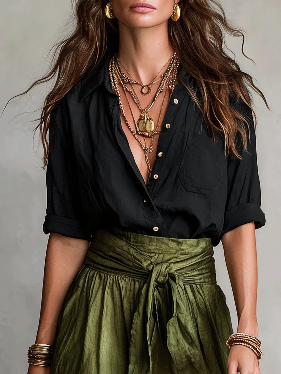 Vera™ | Conjunto De Duas Peças: T-shirt Preta E Saia Midi Verde-Azeitona