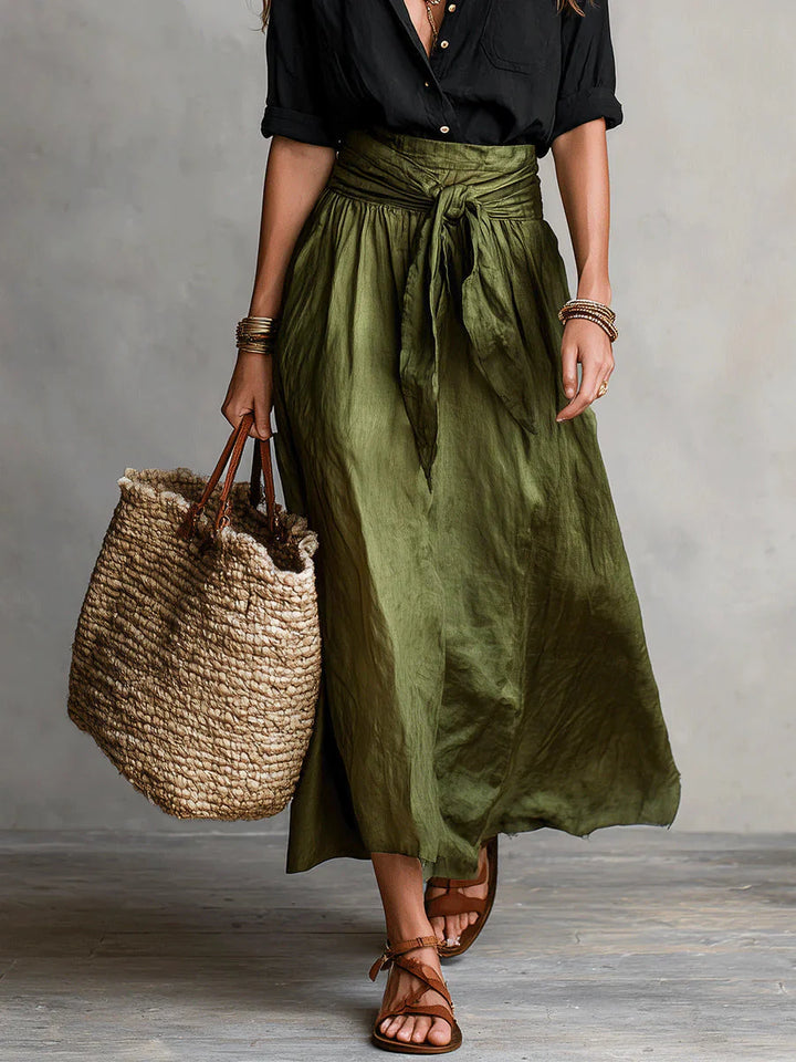 Vera™ | Conjunto De Duas Peças: T-shirt Preta E Saia Midi Verde-Azeitona