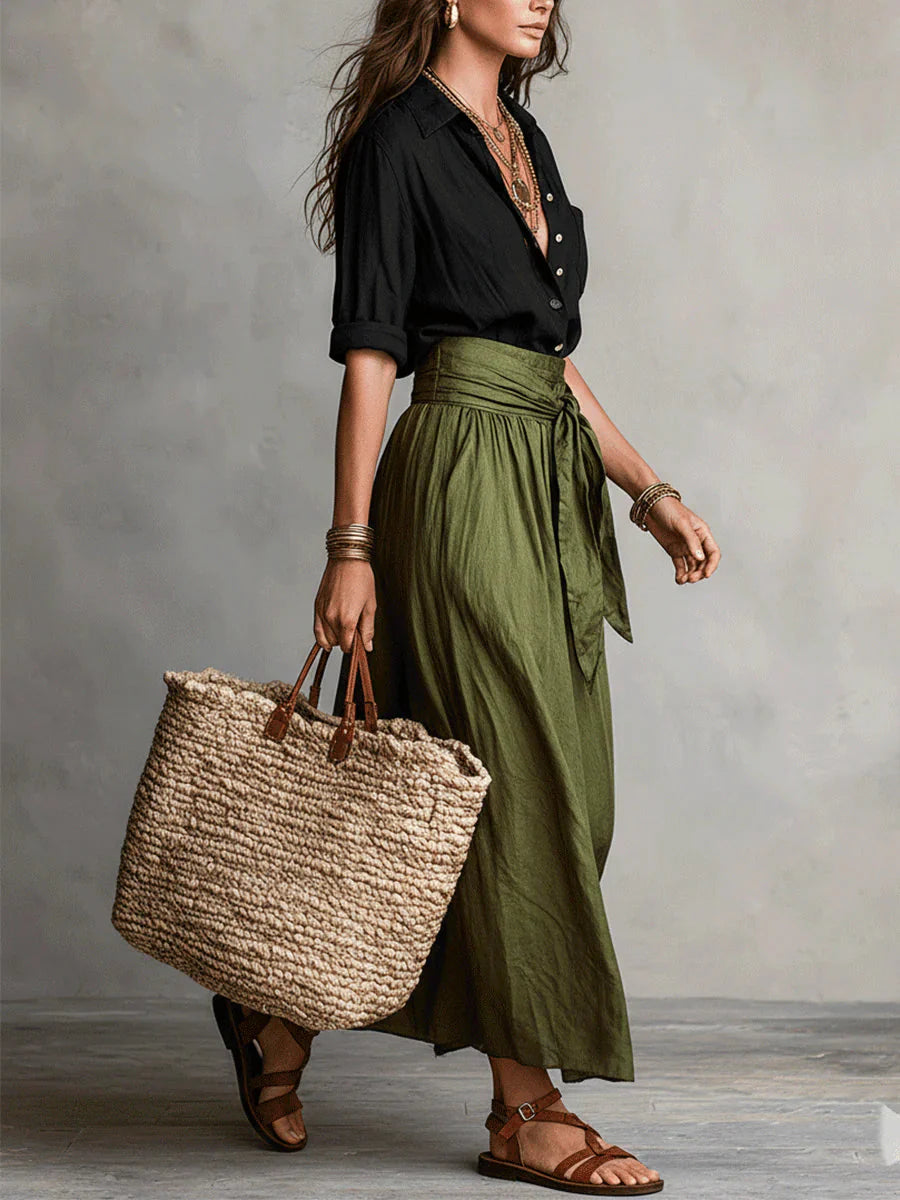 Vera™ | conjunto de dos piezas: camiseta negra y falda midi verde oliva