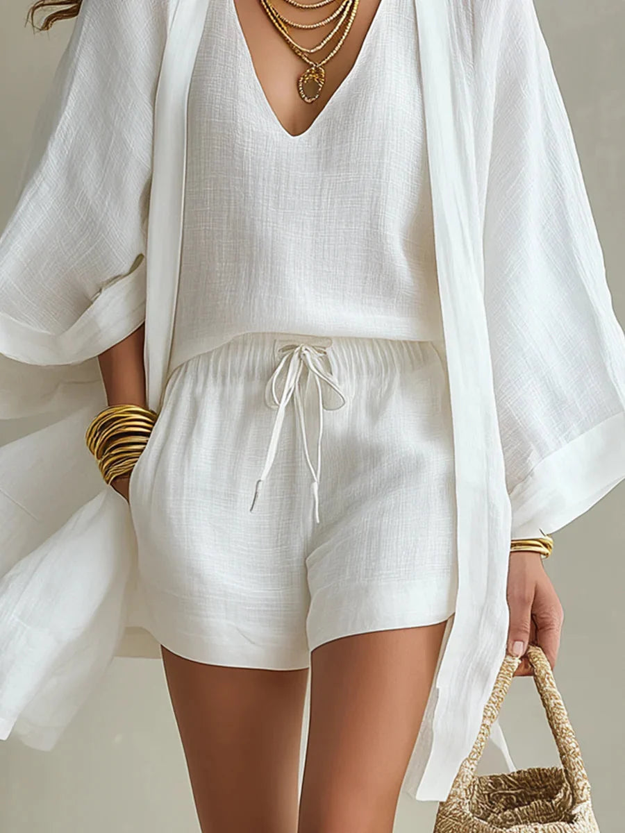 Carla | Three-Piece Set: Loose Cardigan and Drawstring Shorts