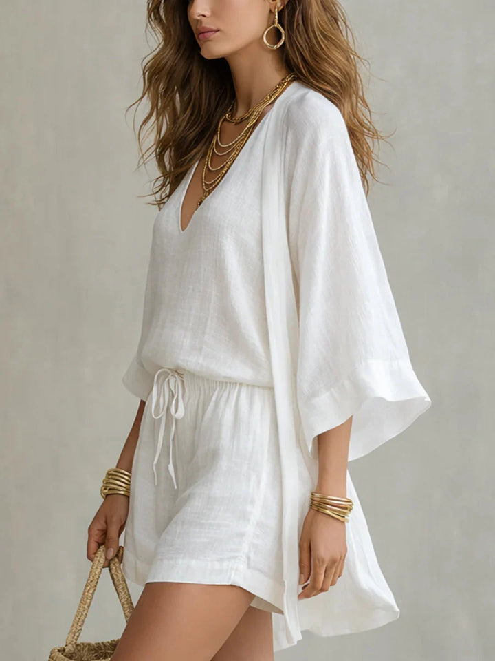 Carla | Three-Piece Set: Loose Cardigan and Drawstring Shorts