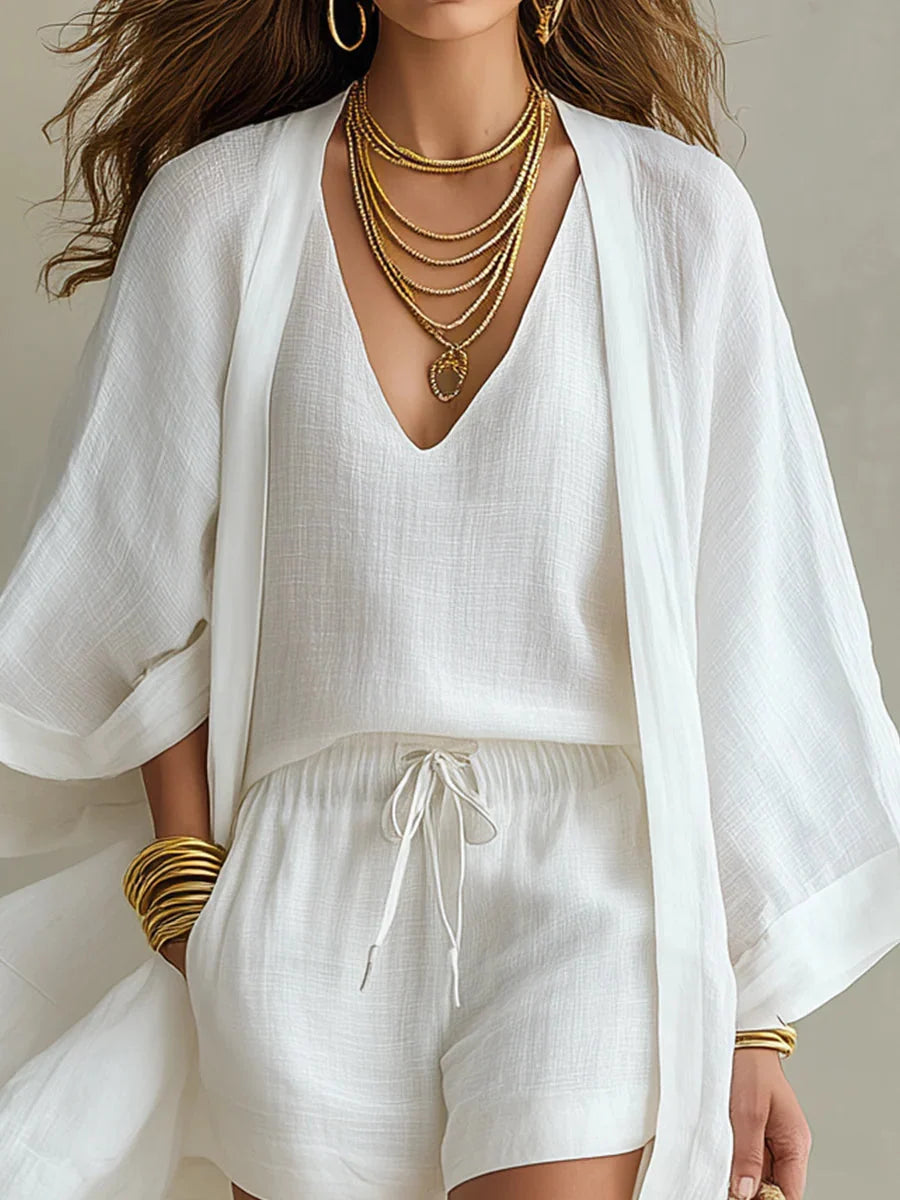 Carla | Three-Piece Set: Loose Cardigan and Drawstring Shorts