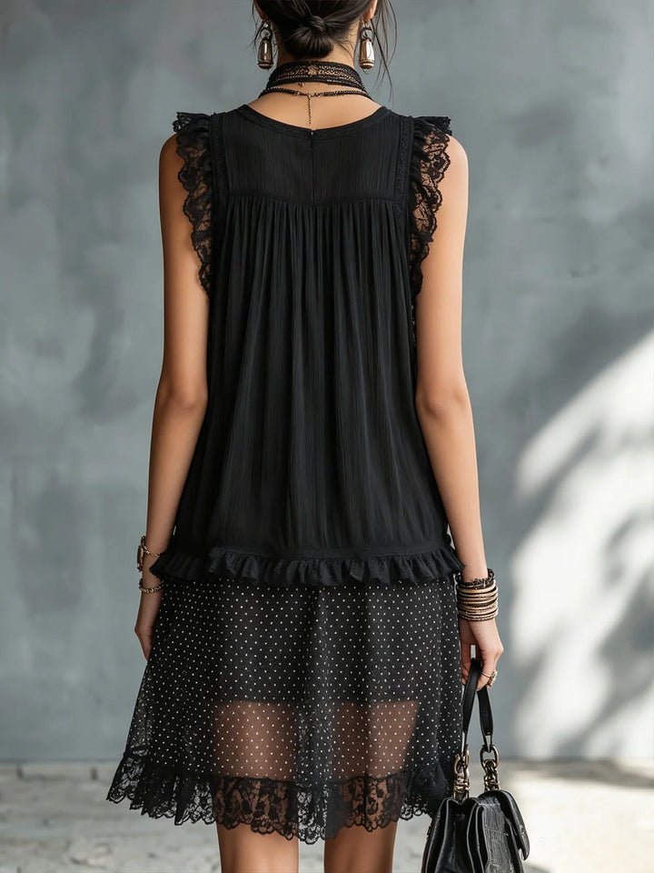 Pauline | Vestido Corto Negro Con Encaje Y Volantes