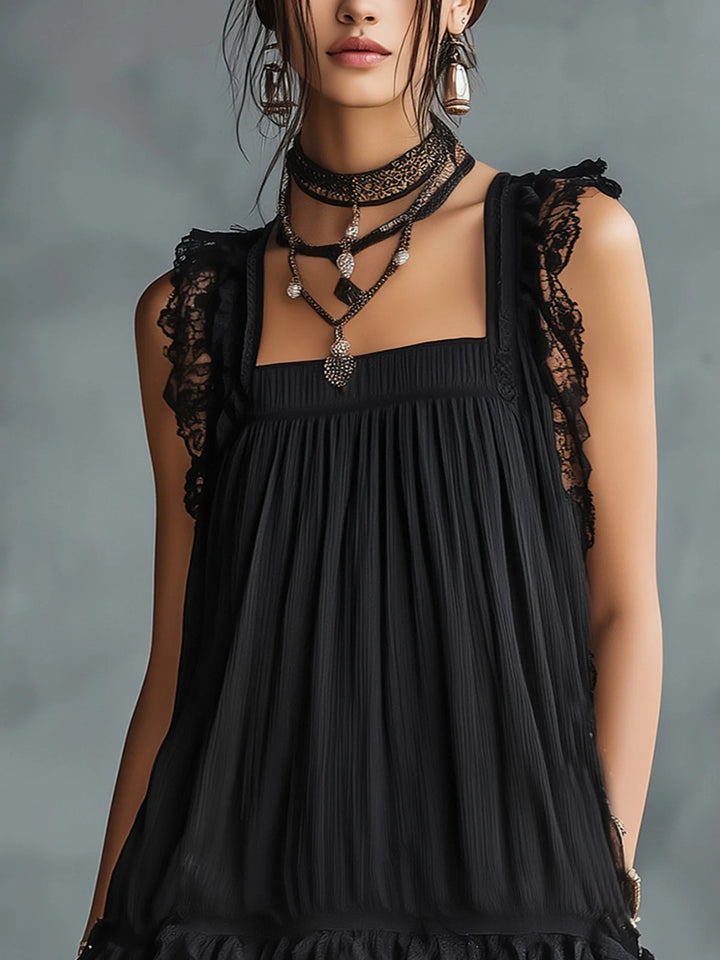 Pauline | Vestido Corto Negro Con Encaje Y Volantes