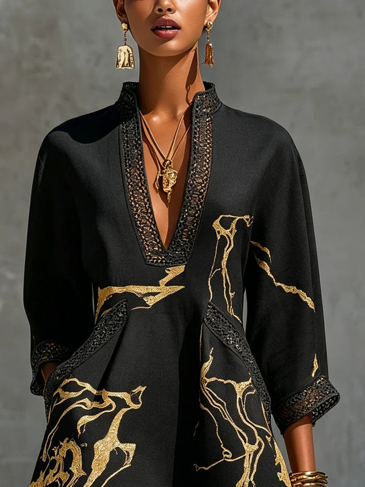 Léonie | Vestido Corto Negro Con Bordados Dorados