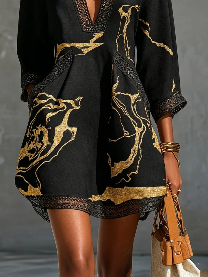 Léonie | Vestido Corto Negro Con Bordados Dorados