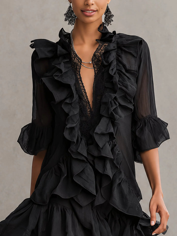 Anaïs | Vestido Corto Negro Con Volantes