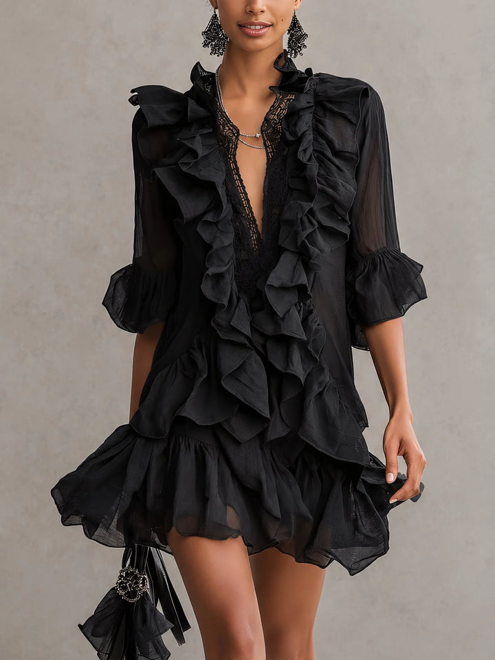 Anaïs | Vestido Corto Negro Con Volantes