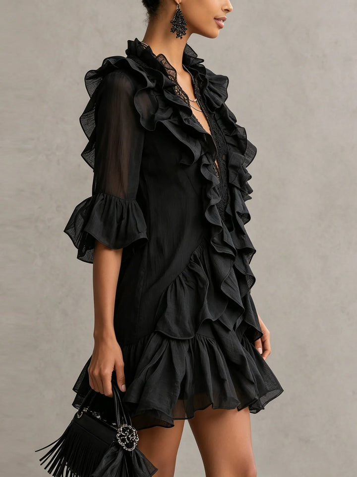 Anaïs | Vestido Corto Negro Con Volantes