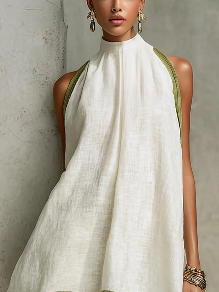 Agathe | Short White and Green Trapeze Dress