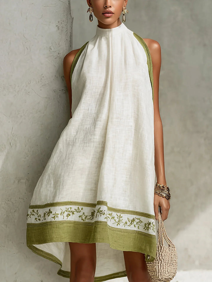 Agathe | Short White and Green Trapeze Dress