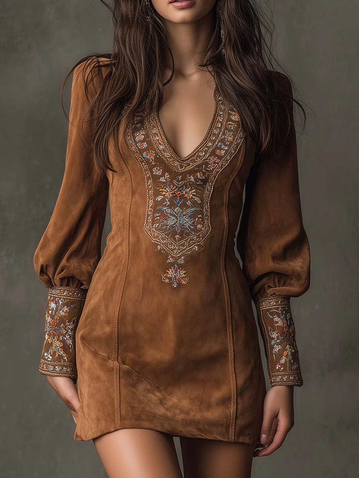 Marion™ | Vestido Mini Em Camurça Retro