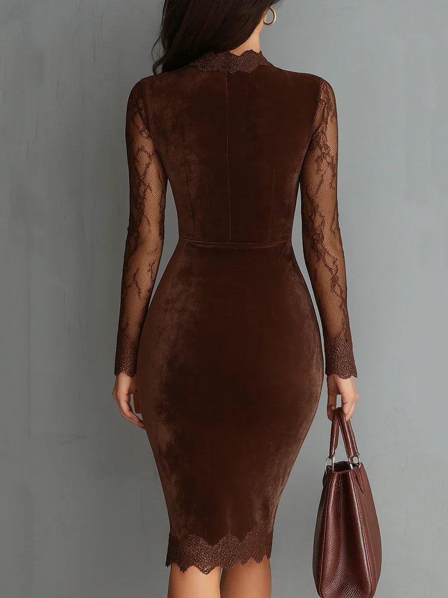 Amber | Minivestido Vintage Marrón En Ante Con Escote Gota Y Mangas De Encaje