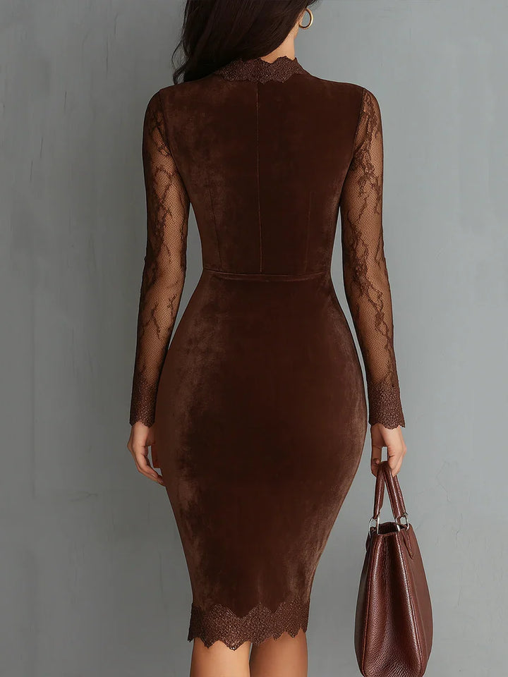 Amber | Minivestido Vintage Marrón En Ante Con Escote Gota Y Mangas De Encaje