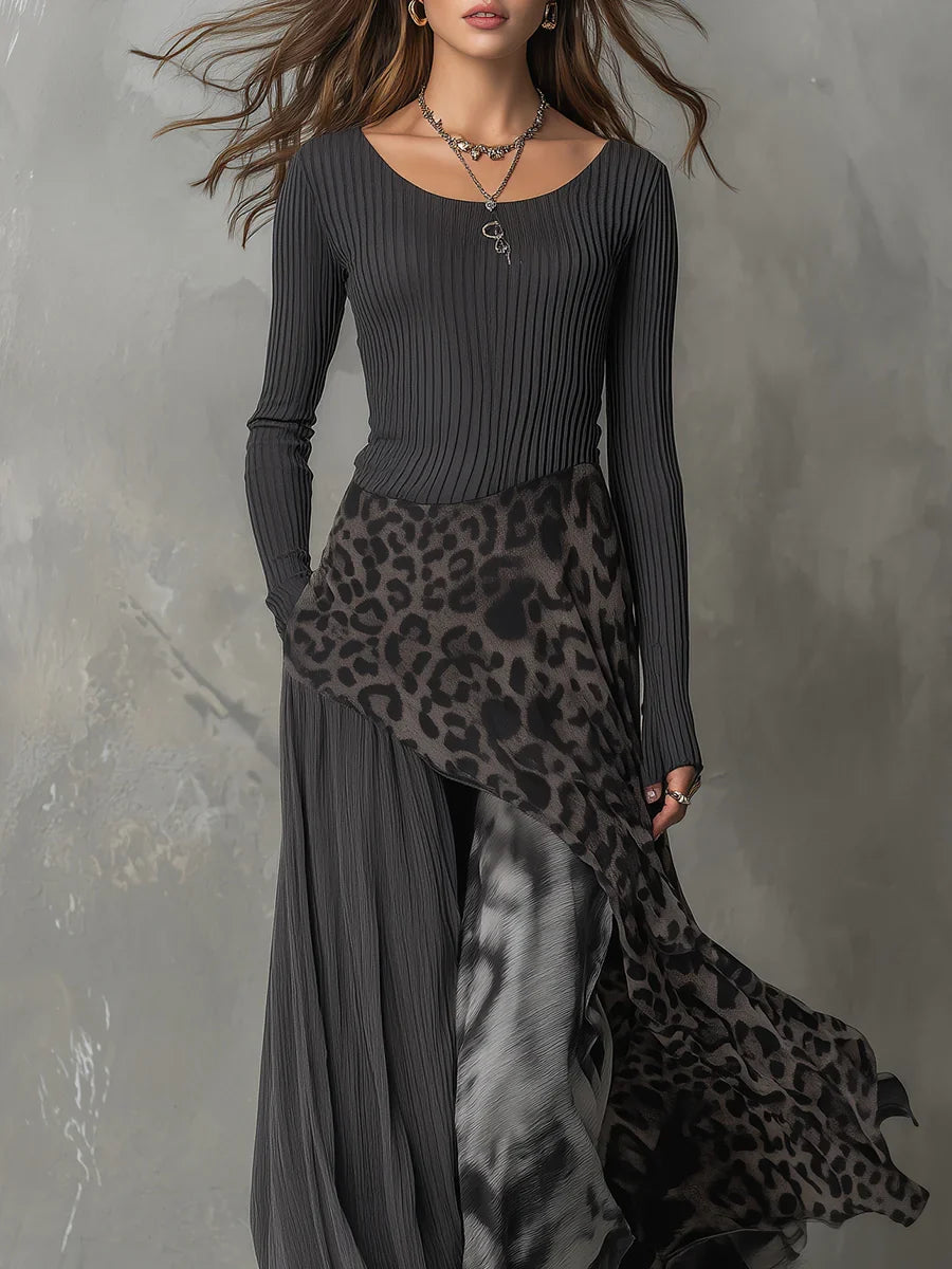 Maxivestido Con Rayas Grises Y Estampado De Leopardo Y Bajo Asimétrico