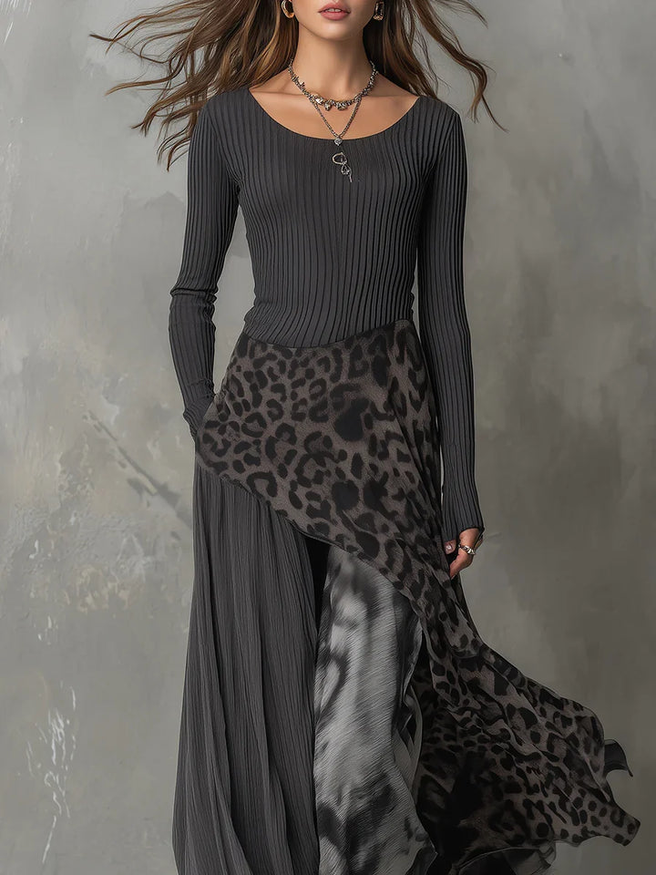 Maxivestido Con Rayas Grises Y Estampado De Leopardo Y Bajo Asimétrico