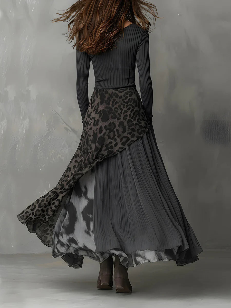 Maxivestido Con Rayas Grises Y Estampado De Leopardo Y Bajo Asimétrico